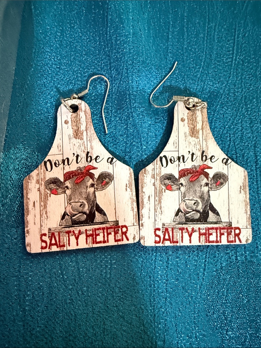 Salty Heifer Cow Pendant Earrings in White and Red - Rustic Farmhouse Style